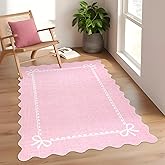 GarveeHome Scalloped Bow Rug for Living Room, Solid Pink Rug for Dorm, Washable Rugs 4x6 Soft Low Pile Non Slip Scalloped Rugs for Nursery Bedroom Decor Hallway Kids Room Playroom