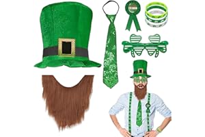 6 Pcs St Patrick's Day Costume Accessories Set, St Patricks Day Hat Tie Glasses Wristbands Fake Beard Leprechaun Costume Set