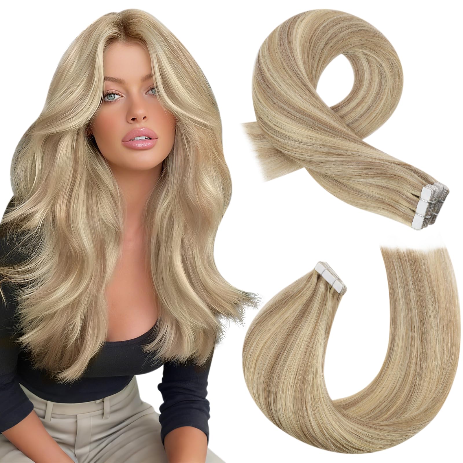 Moresoo Tape in Extensions Human Hair Dark Honey Blonde with Medium Blonde Tape in Hair Extensions Invisible Real Human Hair 20 Inch 20 Pieces/50g #16/22