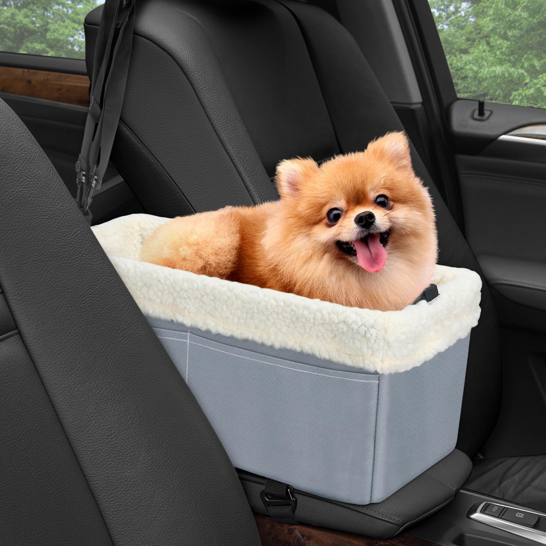 Photo 1 of Dog Car Seat for Small Dogs, Center Console Dog Car Seat with Soft Cushion, Cat Car Seat with Double Protection Seat Belts, Metal Frame Pet Car Seat with Safety Leash & Storage Pocket, Gray