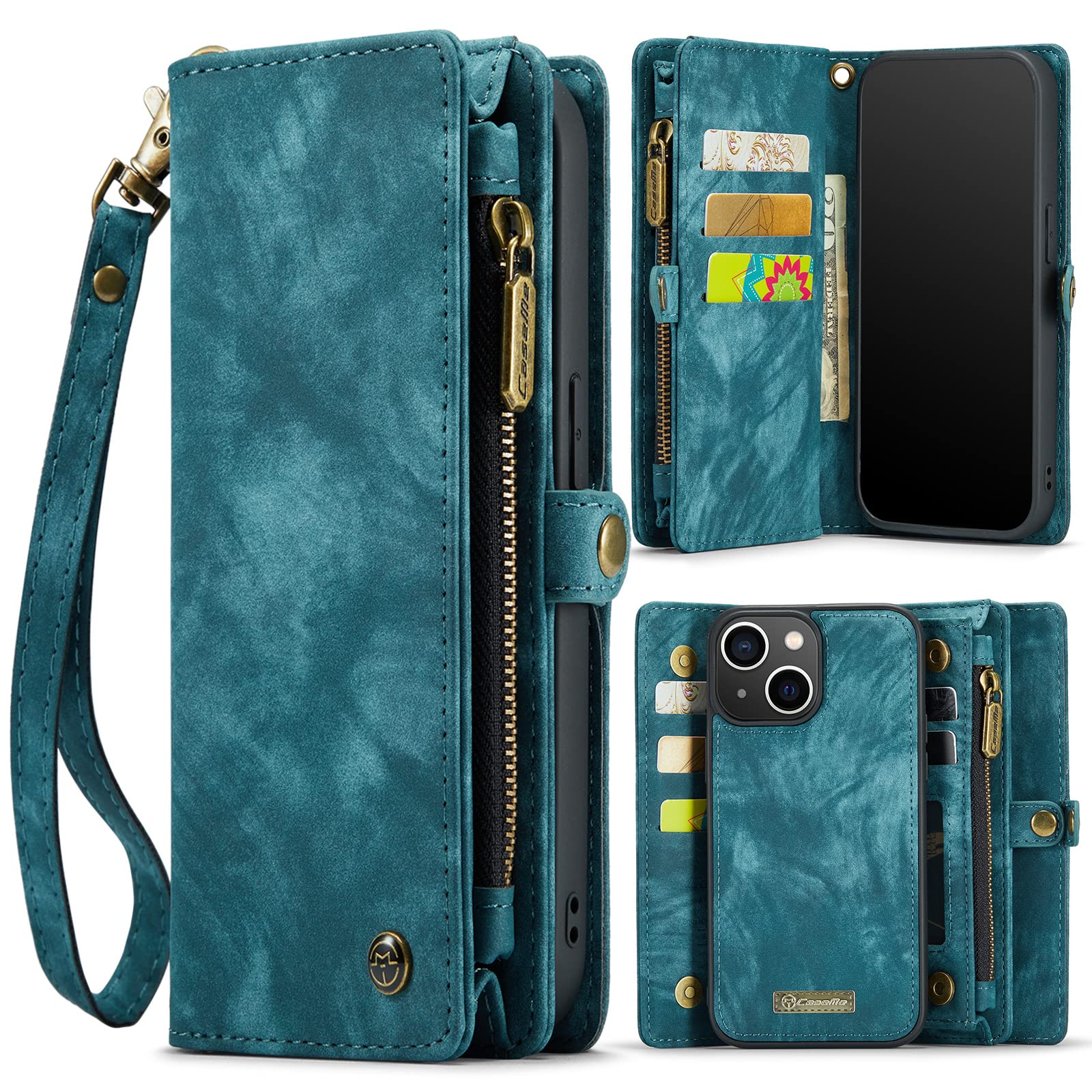 CaseMe Leather Flip Wallet Case for iPhone 13 Mini,Detachable Back Magnetic Closure 2-in-1 Shockproof Zipper Purse Cover with Card Slots (13 Mini, Blue)