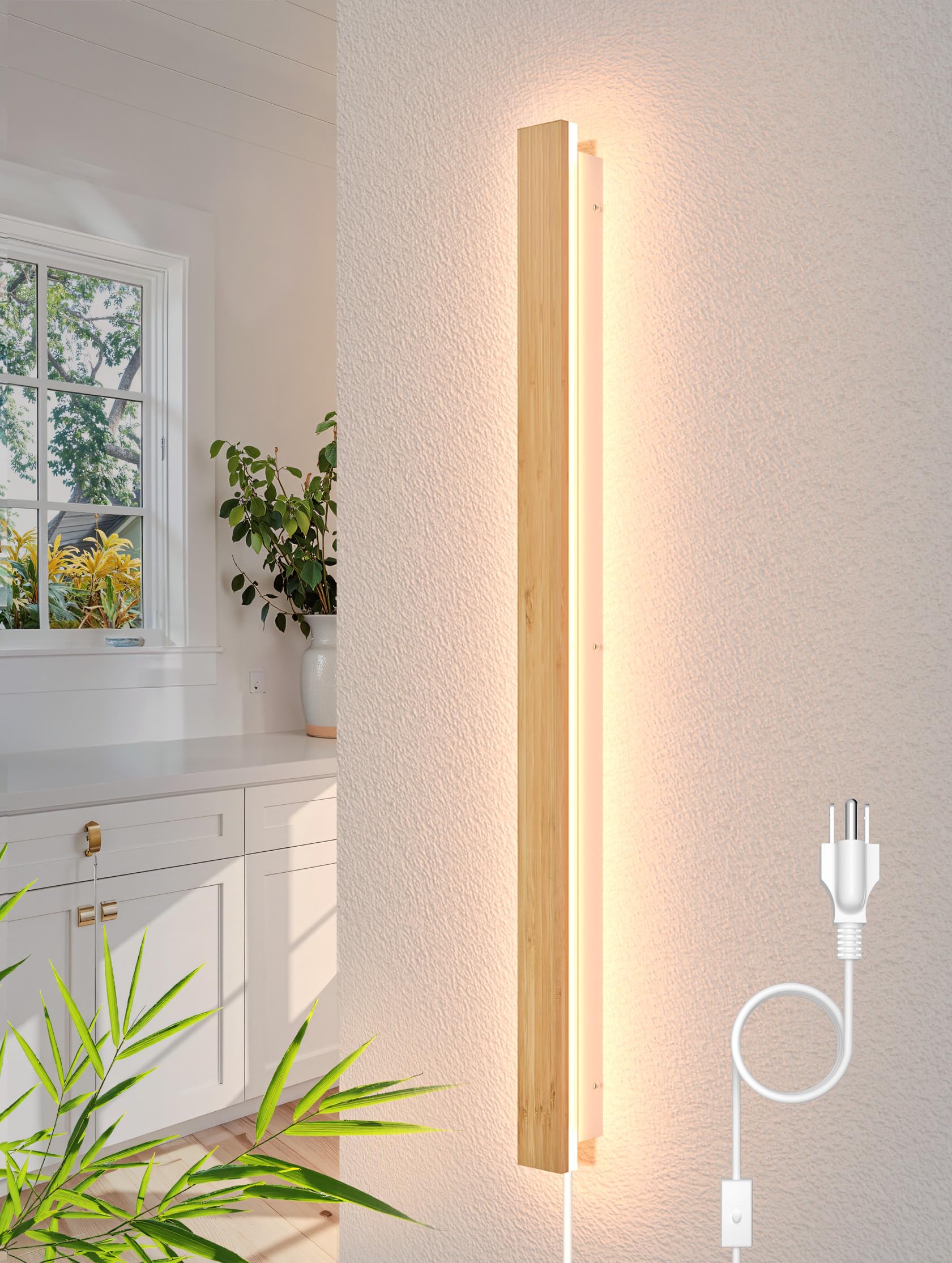 Photo 1 of 1 Pack Modern Plug in Long Wall Sconce 39.3‘’ LED Bamboo Wall Lights 31W Long Strip Indoor Wall Lamp 3000K with 6.5FT Plug in Cord and On/Off Switch on The Cord for Living Room Hallway Stairwell