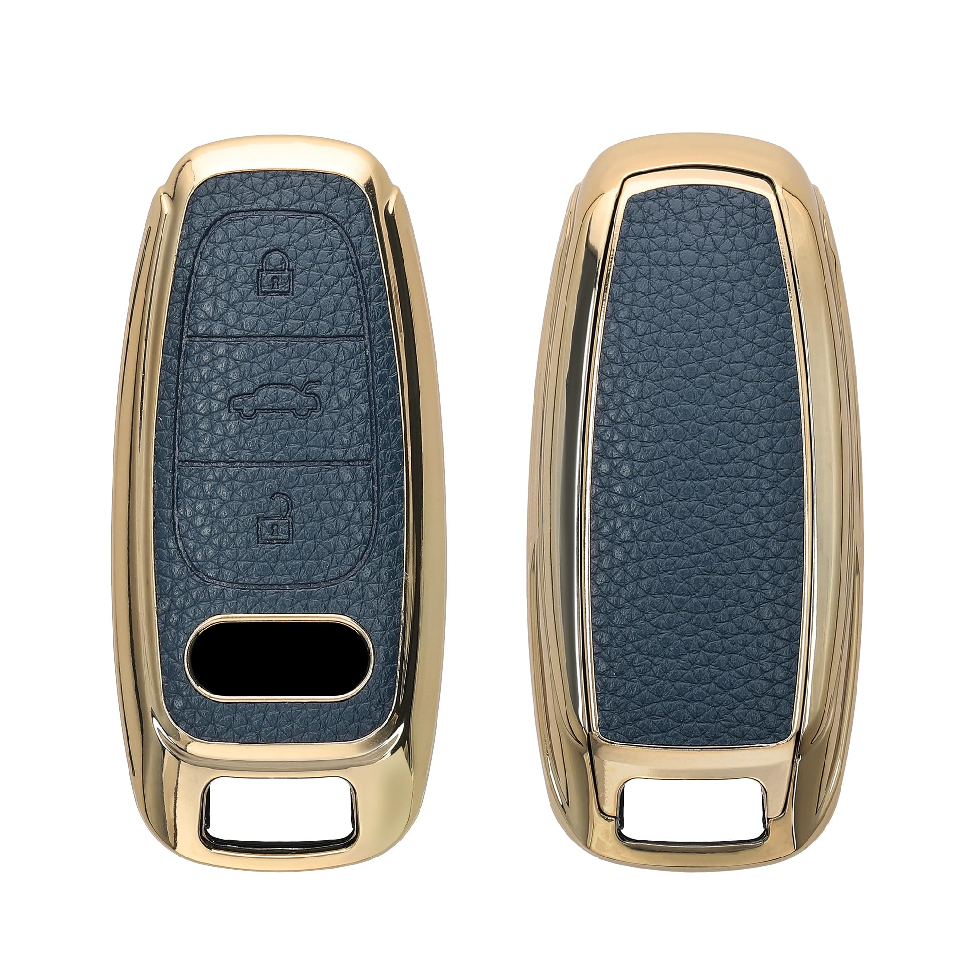 kwmobile Key Case Compatible with Audi A6 A7 A8 Q7 Q8 3 Button Car Key Keyless Go Cover - TPU and PU Leather Car Fob Cover - Dark Blue/Gold