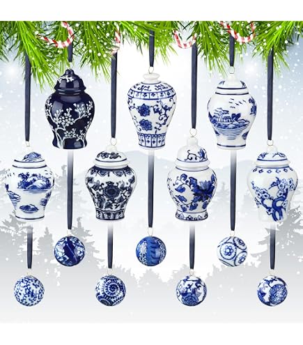 Lot De 9 Pendentifs Noël Porcelaine Bleue Et Blanche – Mini Pots De Gingembre 9 Cm Pour Sapin Et Déco Festive Decoration De Noel