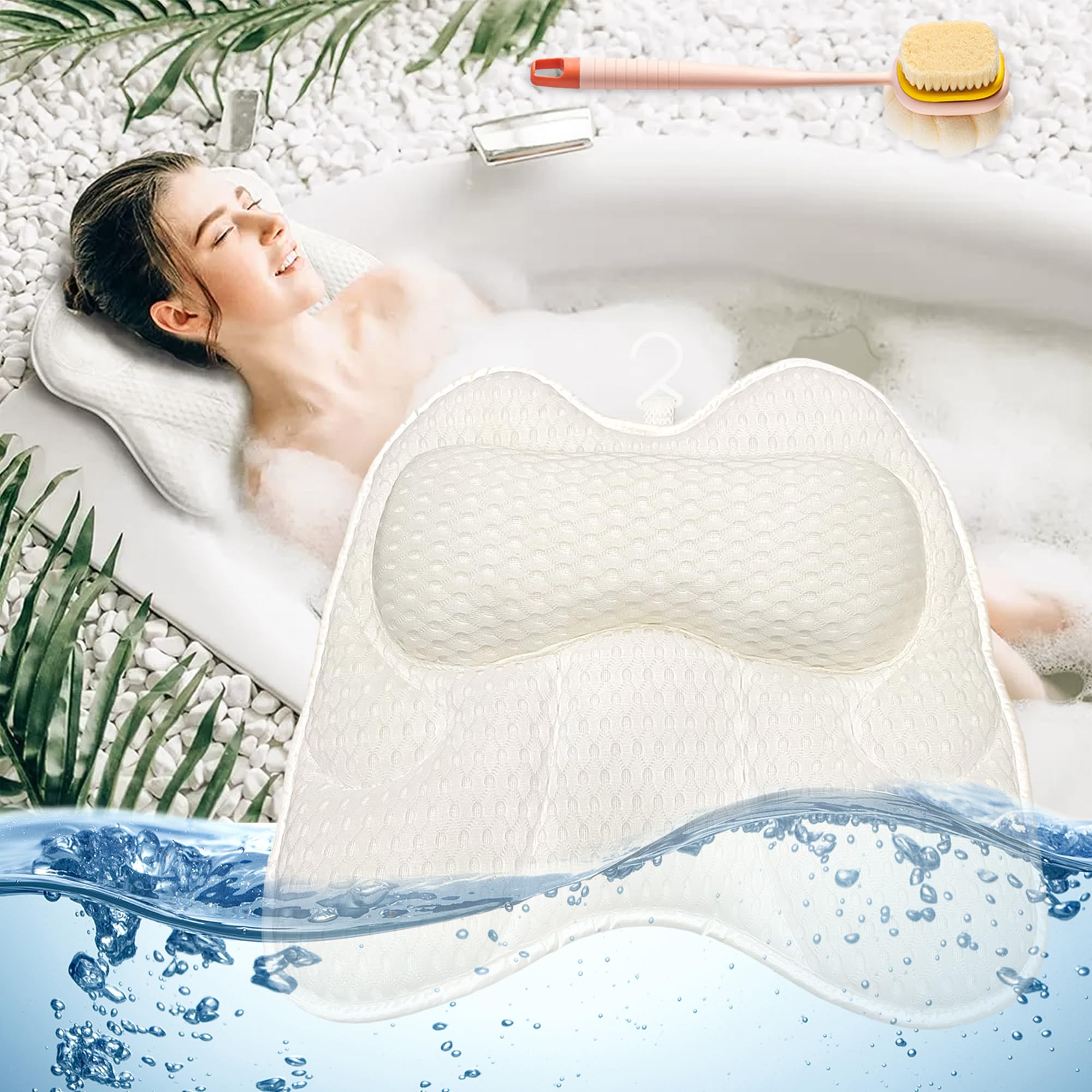 4D Mesh Non-Slip Head & Neck Bath Pillow with 6 Suction Cups, Waterproof with Detachable Bath Brush