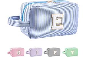 Huifen Personalized Initial Makeup Bag A-Z, Travel Toiletry Bag Preppy Make Up Bags Girls Cute Cosmetic Pouch Makeup Organizer Wedding Birthday Mothers Day Gifts for Women (Blue, E)