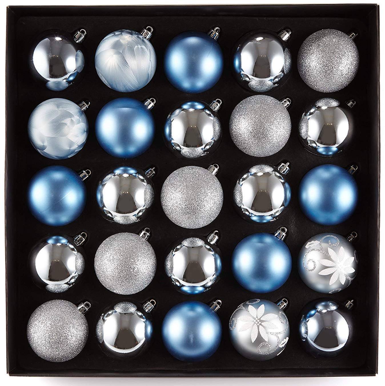 HEITMANN DECO Set of 25 Christmas Tree Baubles Assortment – Christmas Decorations Blue Silver for Hanging – Plastic Bauble Assortment, 34.3 x 34.3 x 6 cm