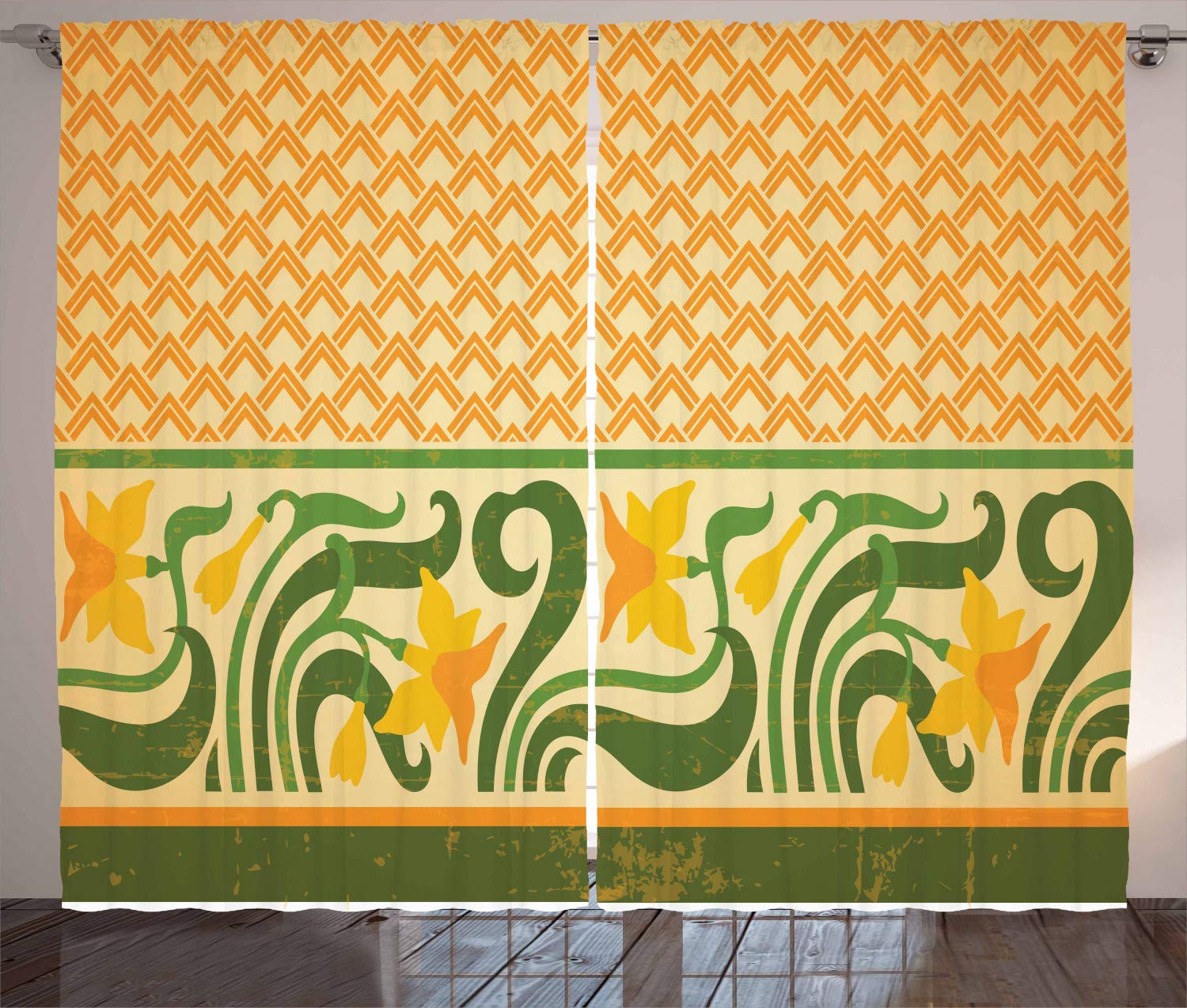 ABAKUHAUS Art Nouveau Curtains, Fresco Ornament Geometric Pattern with Exotic Daffodil Floral Border, Living Room Bedroom Window Drapes 2 Panel Set, 280 x 225 cm, Orange Yellow-Green