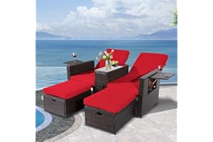 VUYUYU 5PCS Outdoor Wicker Chaise Lounge Chair - Rattan Adjustable Reclining Patio Lounge Chair with Ottoman and Coffee Table, for Patio Beach Pool Backyard (Brown Wicker Red Cushion)