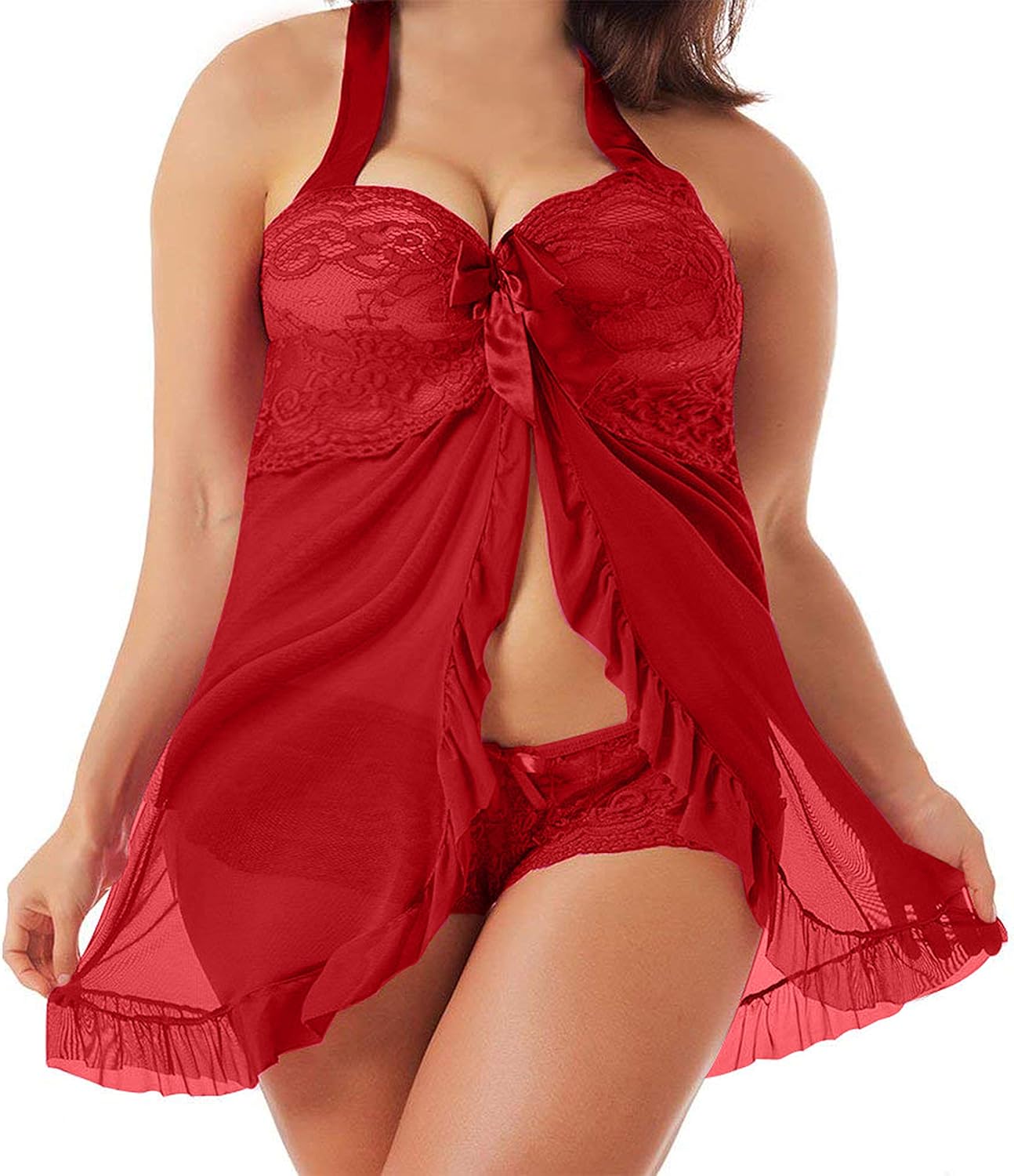 Plus Size Lingerie for Women Lace Babydoll Chemise Halter Sleepwear Nightwear: Clothing