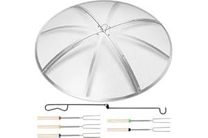 Baitedelai Fire Pit Spark Screen 36 Inch Round, Heavy Duty Stainless Steel Outdoor Fire Pit Screen Cover with Foldable Hook & Marshmallow Sticks, Mesh Spark Protector for Backyard, Camping, Beach