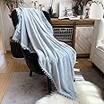 LOMAO Flannel Blanket with Pompom Fringe Lightweight Cozy Bed Blanket Soft Throw Blanket fit Couch Sofa Suitable for All Season (51x63) (Light Grey, 51''x 63'')