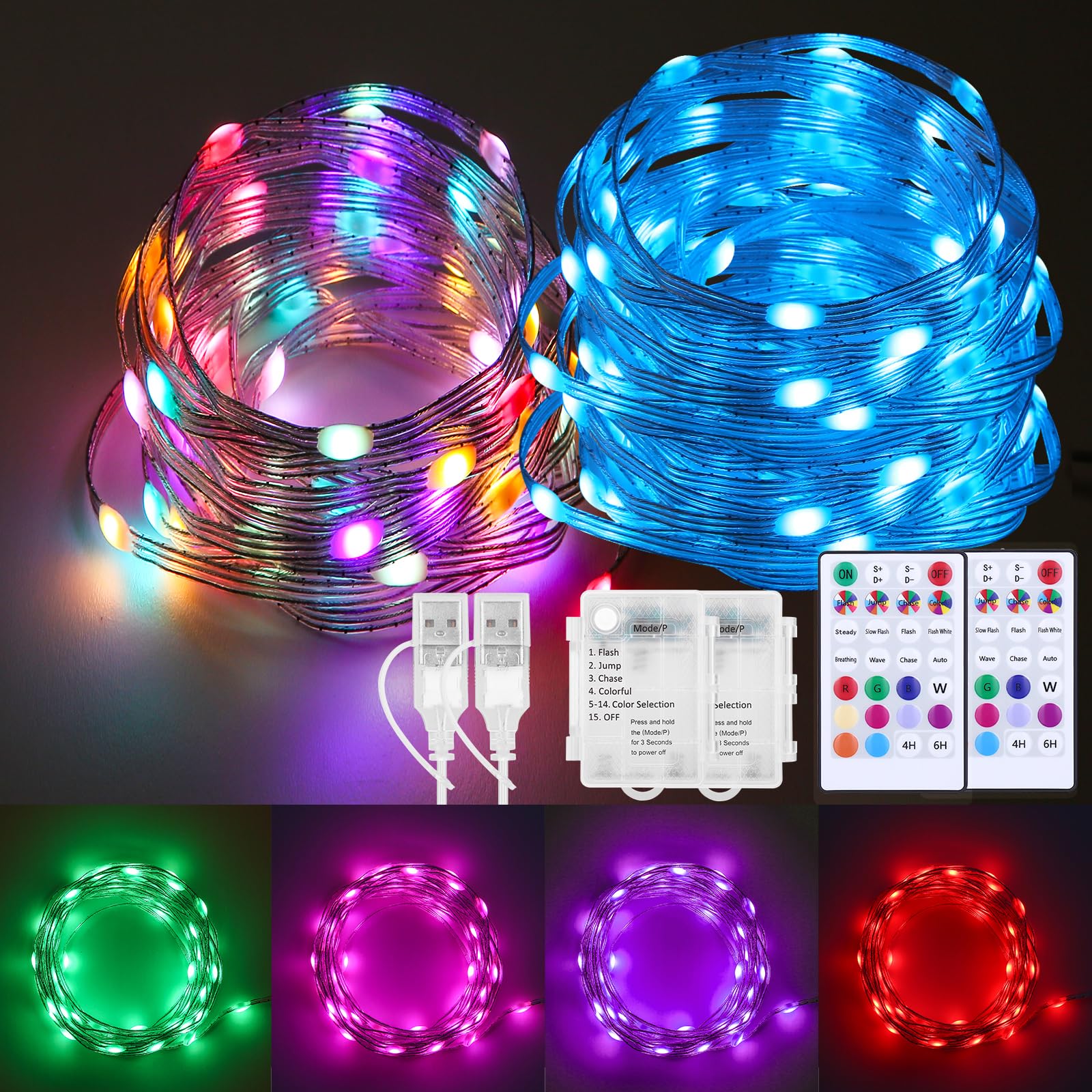 Photo 1 of 2 Pack Fairy Lights Battery Operated Color Changing String Lights with Remote, 16.4FT Twinkle Lights USB Plug or Battery Powered, Outdoor Christmas Decorations for Bedroom Wedding Party Indoor
