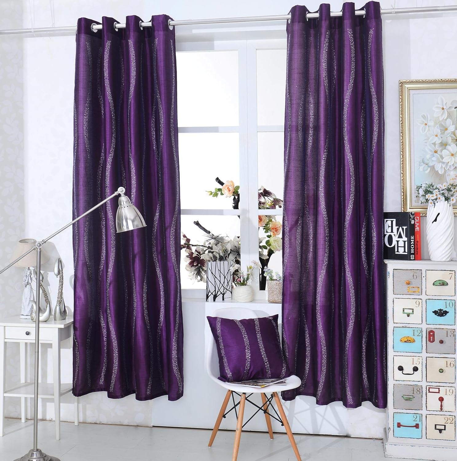 Diamante Ringtop Curtains Eyelet Faux Silk Purple Curtain Panel