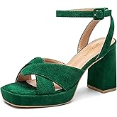 KHPAERMEI Chunky Platform Heels for Women 3.54 Inches Heeled Sandals Comfy Suede Open Toe Ankle Strap Dress High Heels Prom Wedding