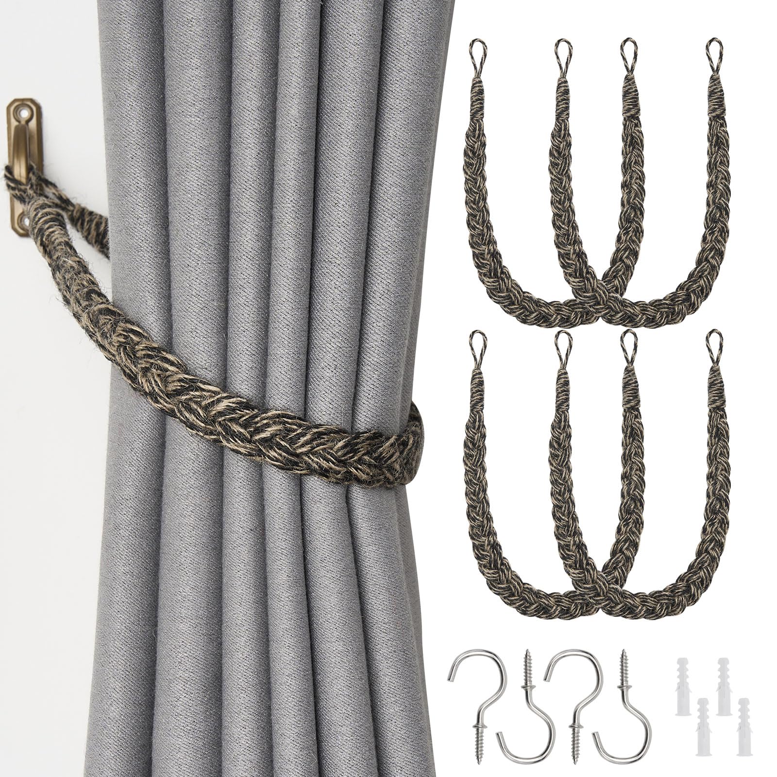 Pretty Jolly 4 Pack Natural Jute Rope Curtain Tiebacks Boho Rustic Style Decorative Drape Tie Backs Elegant Hand-Woven Rope Curtain Holdbacks with Metal Hook for Home & Office Drapery (Jute-Black)