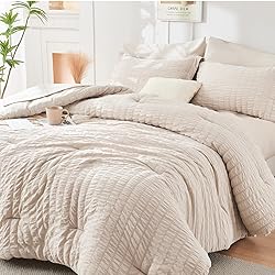 HYMOKEGE Beige Twin Comforter Set Seersucker 5