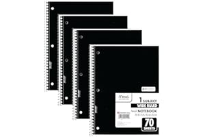 Mead Spiral Notebooks, 1 Subject, Wide Ruled Paper, 70 Sheets, 10-1/2" x 7-1/2 inches, Black, 4 Pack (38401)