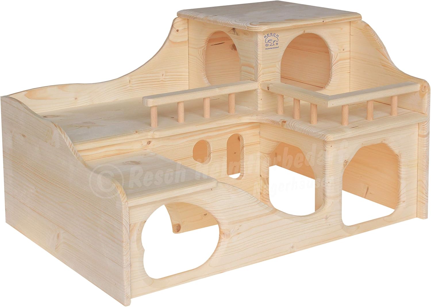 Resch No35 Guinea Pig Mansion Natural solid wood made of spruce/with two large entrances on the ground floor and a wide staircase leading to the upper house with a balcony - Image 3