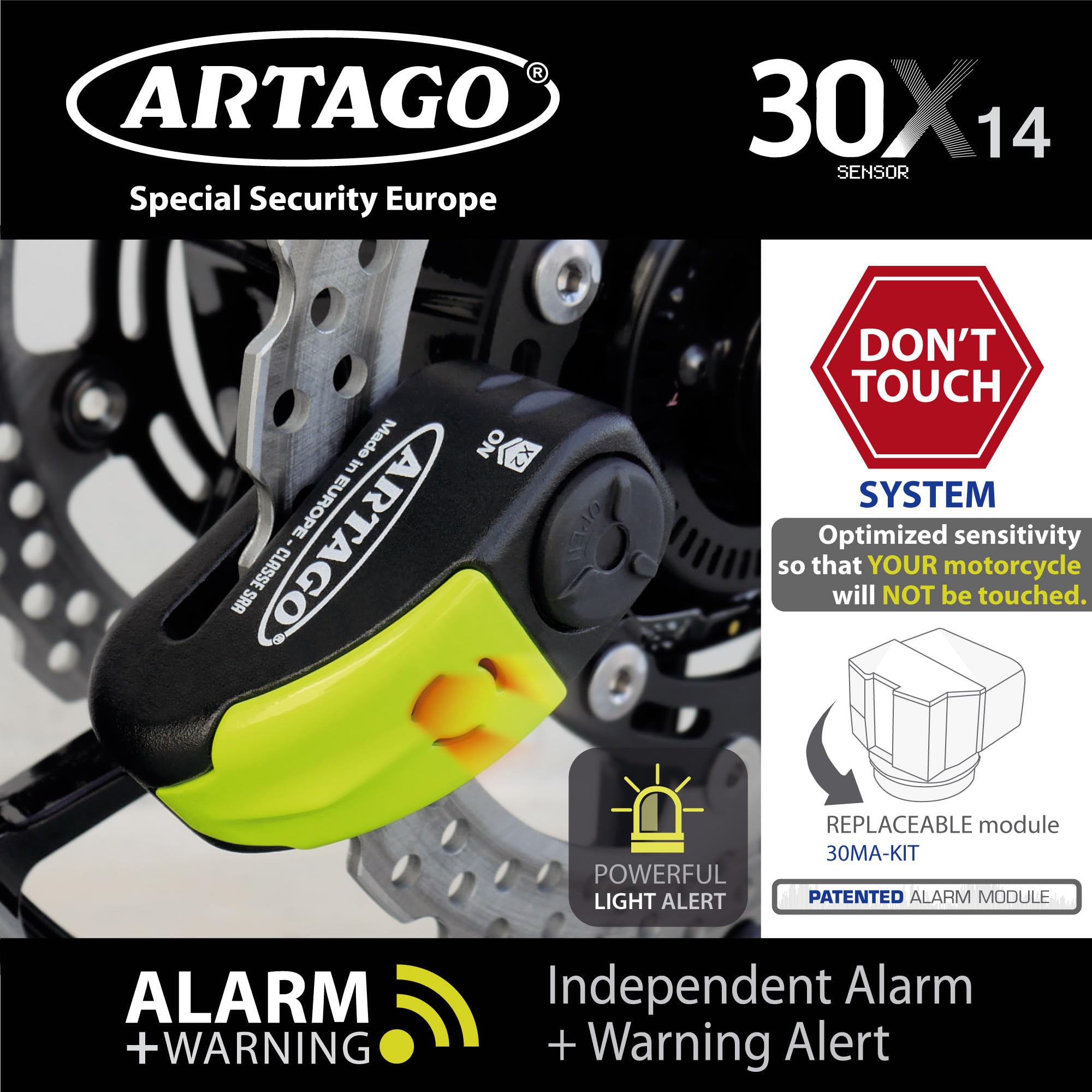 Artago 30X14 High-End Motorcycle Disc Lock with or Without Alarm, Don't Touch System 120dB, Sold Secure & SRA Approved, Disc 5mm Anti-Drill, 14mm Double Locking, Moto Anti Theft Wheel Brake Lock