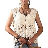 Womens Floral Crochet Lace Boho Trim Sleeveless Open Front Vest Cardigan
