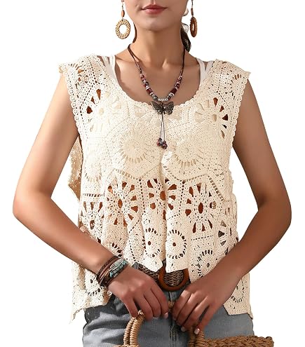Crochet Vest Sleeveless Boho Lace Cardigan Stylish And Cute Cover Up, Medium, Beige-212216