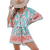 CUPSHE Women's Summer Romper Lace Up Printed Half Sleeves Casual Wide leg Vacation Outfit Mini One Piece Jumpsuit