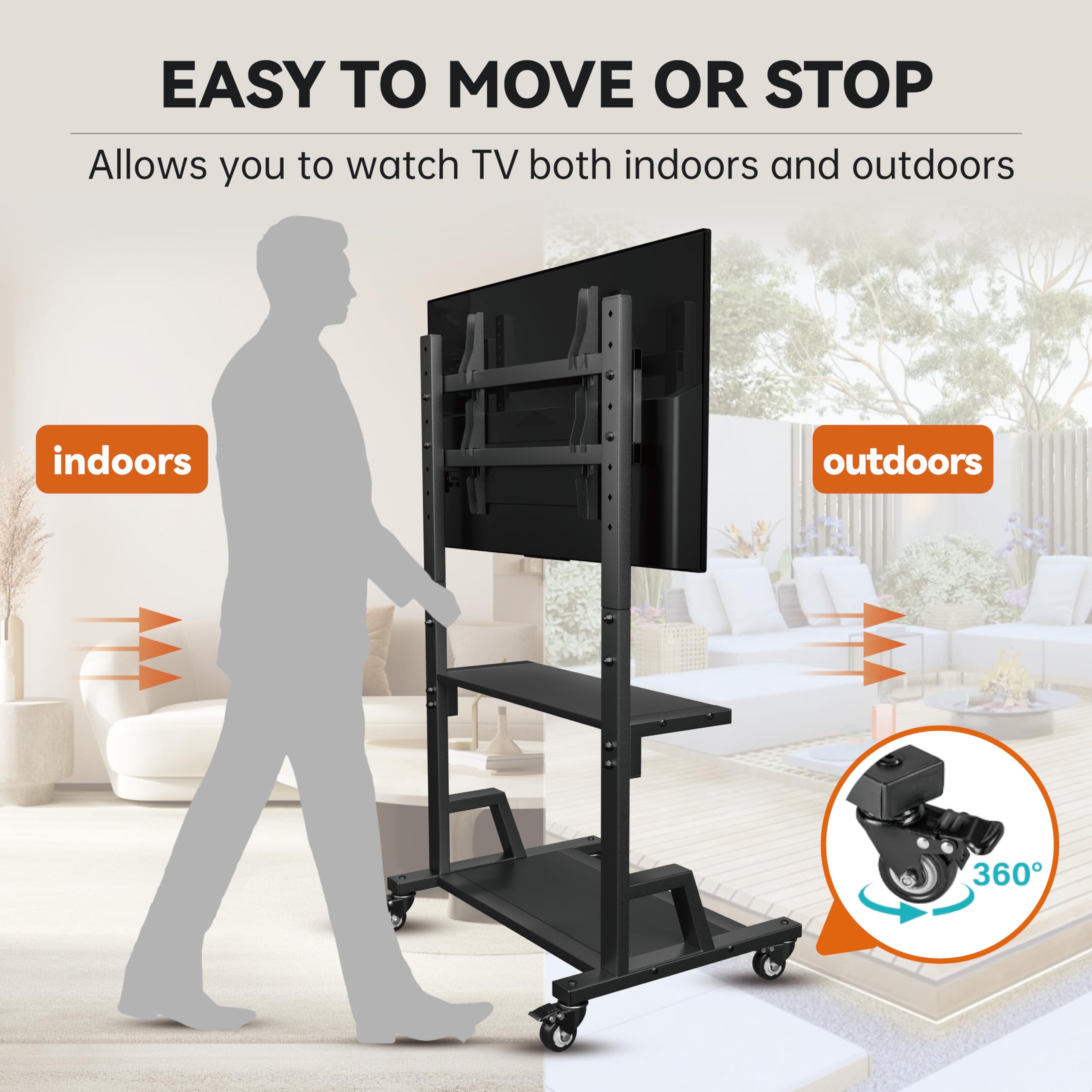 AENTGIU Rolling TV Stand for 32-75 Inch TVs, Mobile TV Stand on Wheels, Adjustable Height TV Cart with Wood Shelves, Floor Mount for Living Room, Bedroom, Office, Hold up to 150 lbs