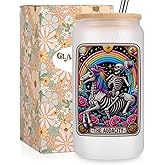 Fairy's Gift the Audacity Iced Coffee Cups, Cute Goth 16 oz Frosted Glass Tumbler w/Lid Straw, Gothic Skull Cup, Spooky Skeleton Glass Tumbler, Valentines Birthday Witchy Gifts for Women Tarot Lovers