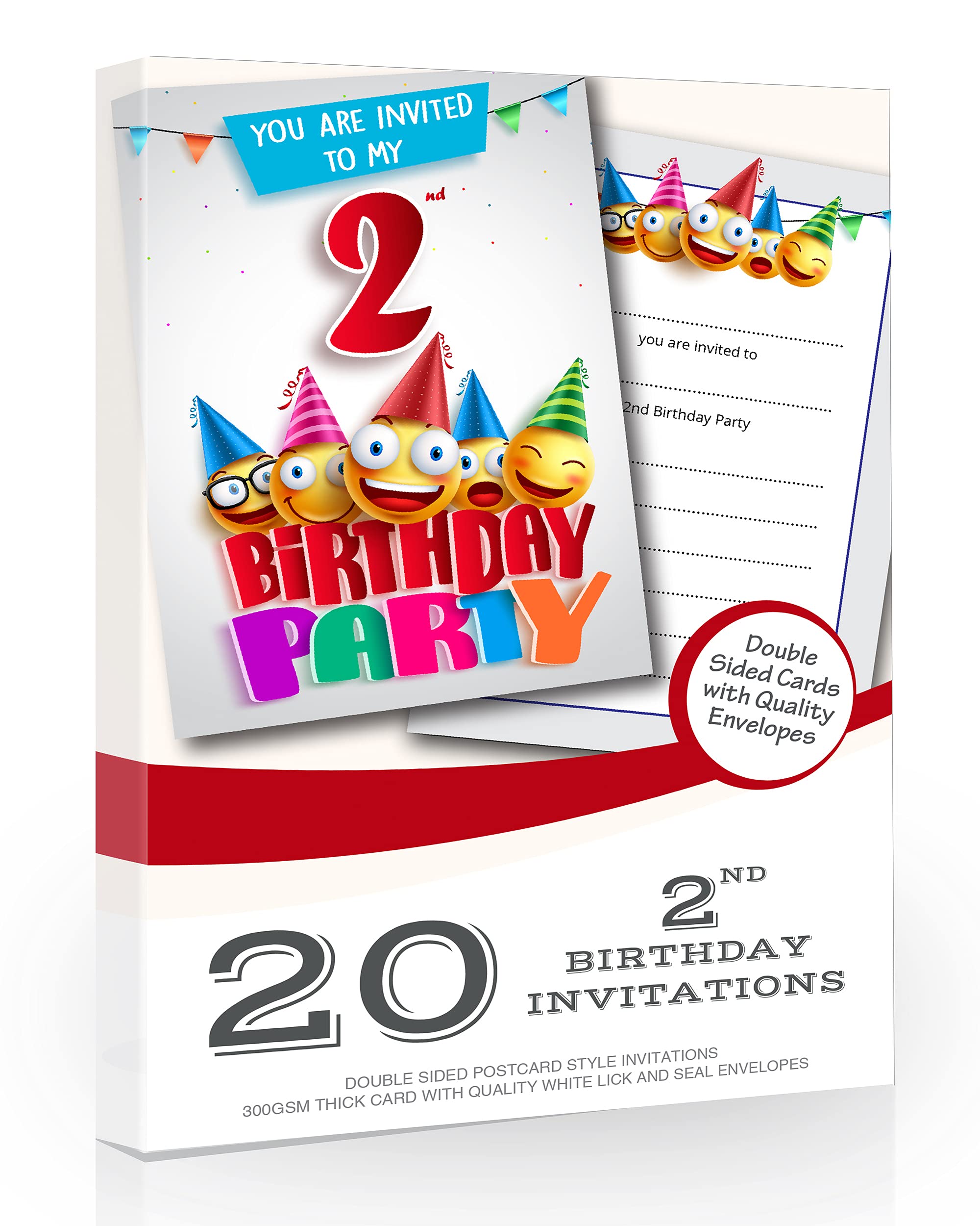 Olivia Samuel 20 x 2nd Birthday Party Invites from Cartoon Style - Ready to Write with Envelopes