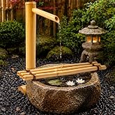 ZeahVeyora 20'' Natural Bamboo Fountain with Pump, Adjustable Split-Resistant Spout and Tubing Japanese Water Feature for Zen Outdoor Patios Landscaping Garden Decor(with Floating Ring)