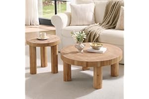 RUSTOWN 2-Piece Round Farmhouse Coffee Table, Rustic Coffee Table Sets, Circle Wooden Ring Finish with Solid Wood Legs, Center Tables Set for Living Room (Natural)