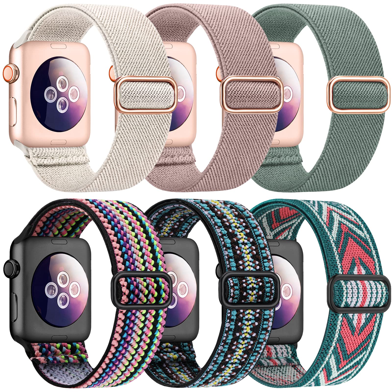 Higgs 6 Pack Stretchy Nylon Strap Compatible with Apple Watch Straps 38mm 40mm 41mm 42mm 44mm 45mm 46mm 49mm, Adjustable Sport Elastic straps for iWatch Series 11/10/9/8/7/6/5/4/3/SE Ultra3 2 1