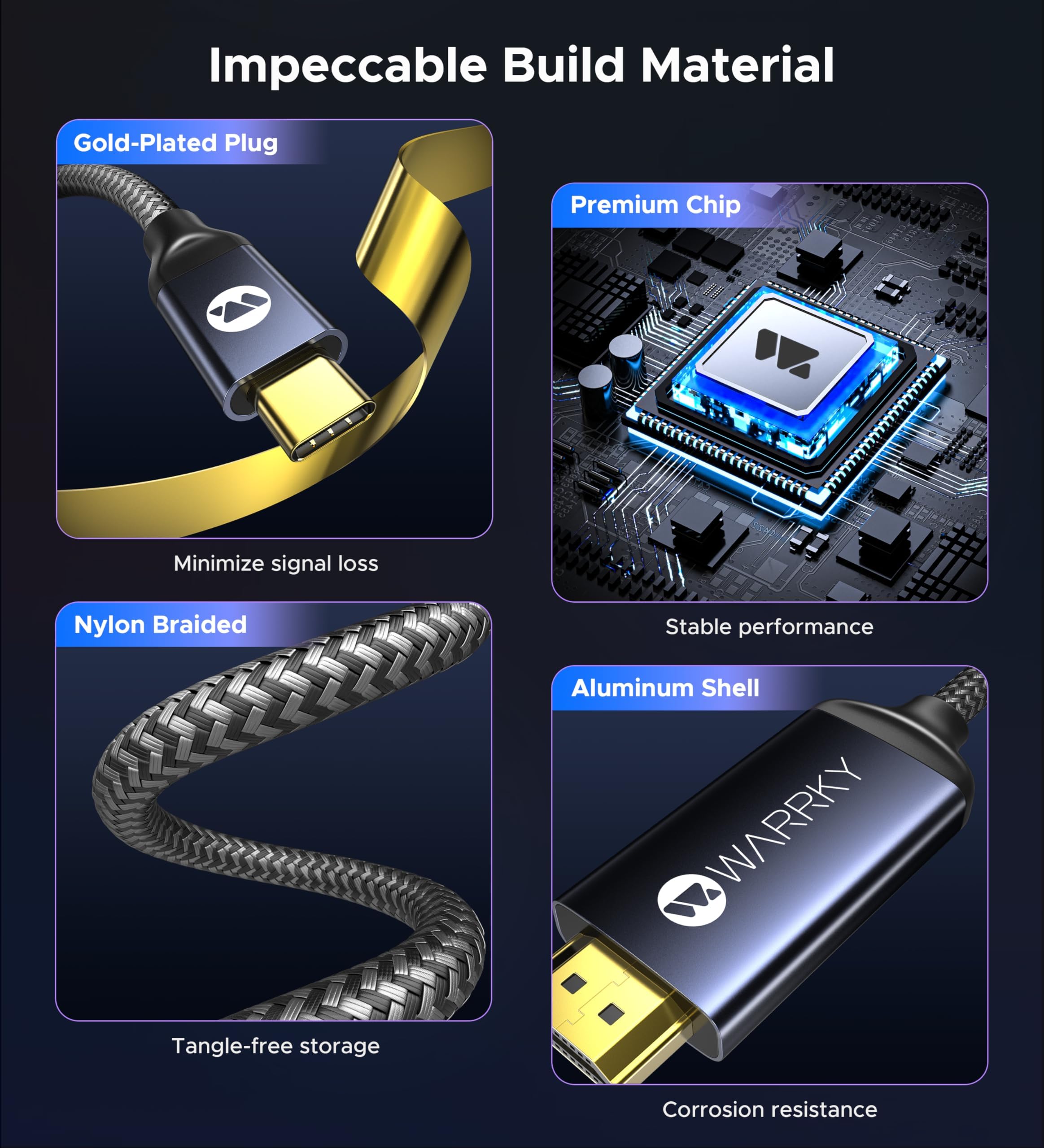 Warrky USB C to HDMl Cable 4K@60Hz [High Speed, Gold-Plated] Type C to HDMl 2.0 Cord, Thunderbolt 4/3 to HDMl, Compatible with iPhone 16 Pro, MacBook Pro/Air, iPad Pro, Surface, Galaxy S24, XPS-6FT