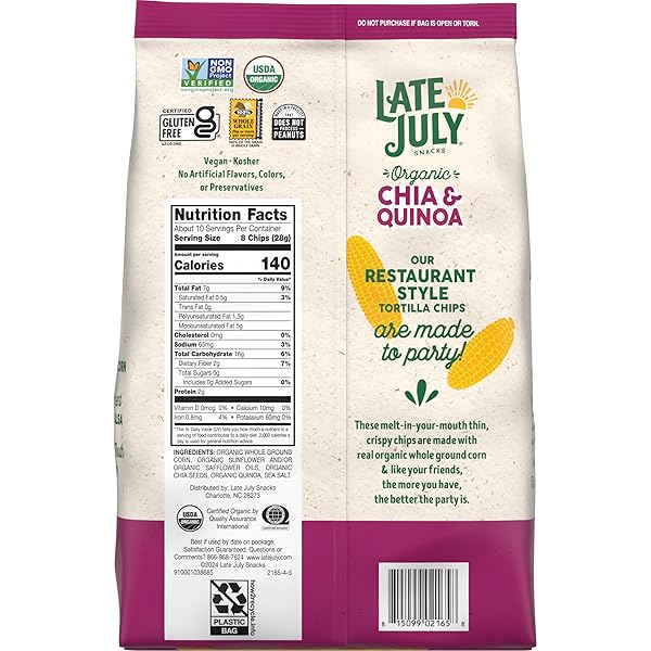 LATE JULY CHIA & QUINOA ORGANIC TORTILLA CHIPS, 10.1 OZ BAG