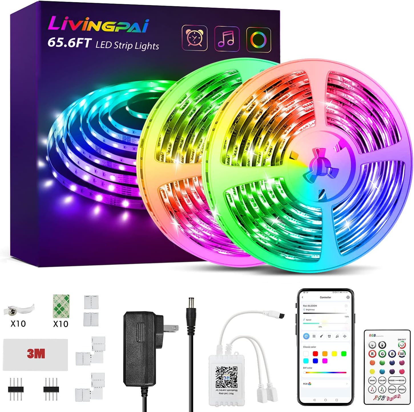 65.6ft LED Strip Lights, LIVINGPAI RGB Color Changing LED Lights for Bedroom with Phone App Control, Remote and Built-in Mic, Music Sync Luces LED Strips for Room Decor, Dorm, Kitchen, Home Decoration