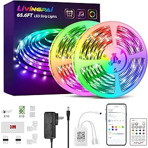 65.6ft LED Strip Lights, LIVINGPAI RGB Color Changing LED Lights for Bedroom with Phone App Control, Remote and Built-in Mic, Music Sync Luces LED Strips for Room Decor, Dorm, Kitchen, Home Decoration