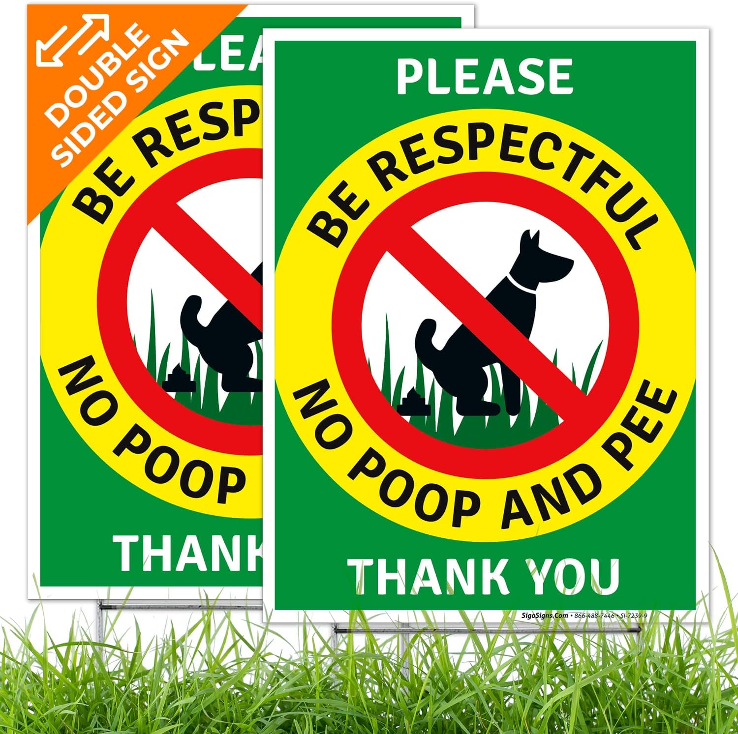 Yard Signs - Please Be Respectful No Poop And Pee Thank You Sign, (2 Pack) Double Sided 9x12 Inches, Corrugated Plastic with Metal H Stake, Made in USA by Sigo Signs