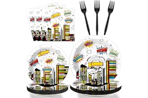 TEVXJ 96 PCS Super Theme Hero Party Plates Napkins Hero Themed Party Tableware Hero Action Sign Disposable Paper Plates Napkins Happy Birthday Party Decorations Supplies Favors for 24 Guests