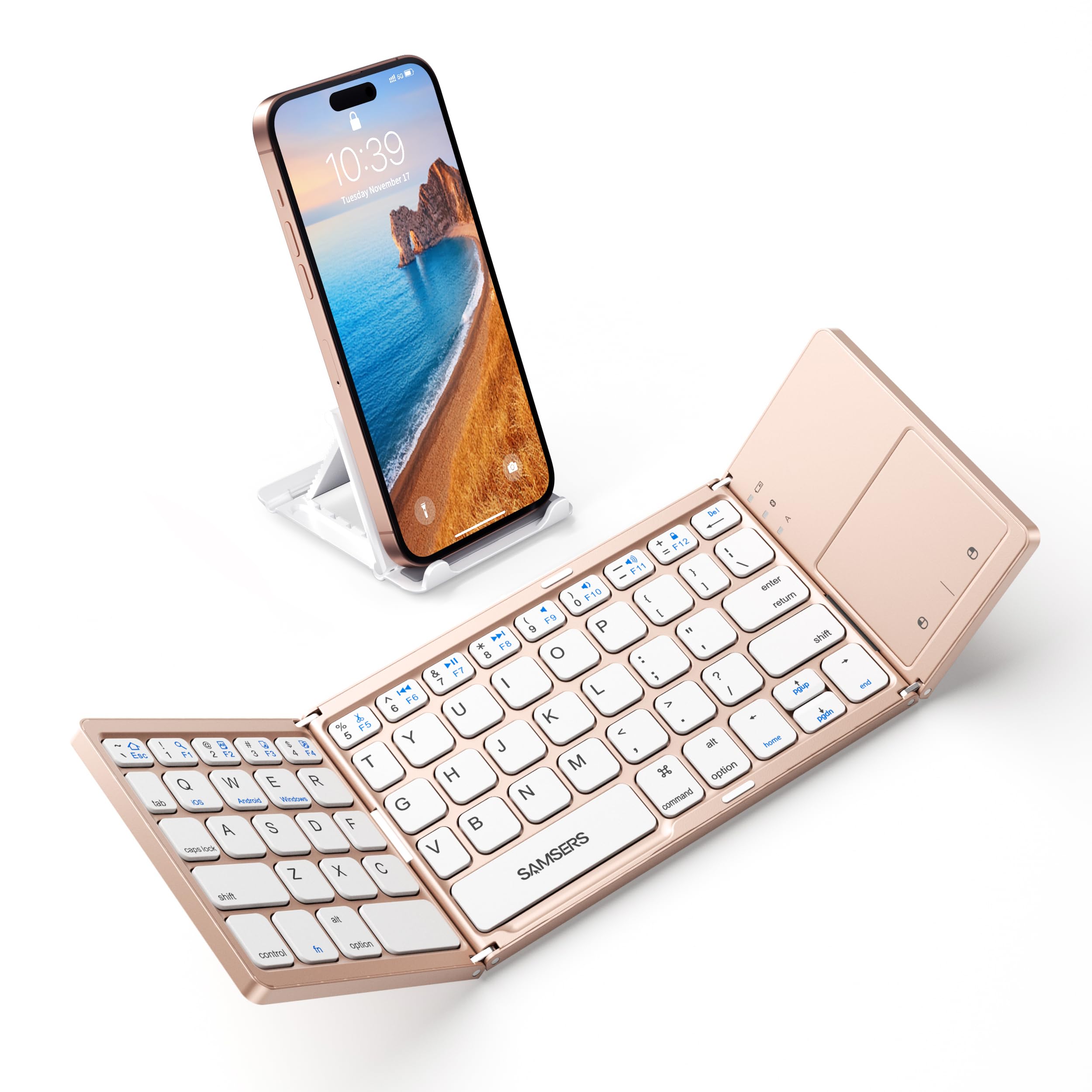 Photo 1 of Samsers Foldable Bluetooth Keyboard with Touchpad - Portable Wireless Keyboard with Holder, Rechargeable Full Size Ultra Slim Pocket Folding Keyboards for Android Windows iOS Tablet & Laptop - Pink