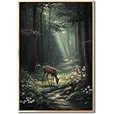Forest Deer Canvas Wall Art Moody Forest Prints Dark Academia Animal Wall Art Retro Deer Picture Vintage Animal Painting Dark Gothic Landscape Poster Vintage Wildlife Prints Room 16x24inch Frameless