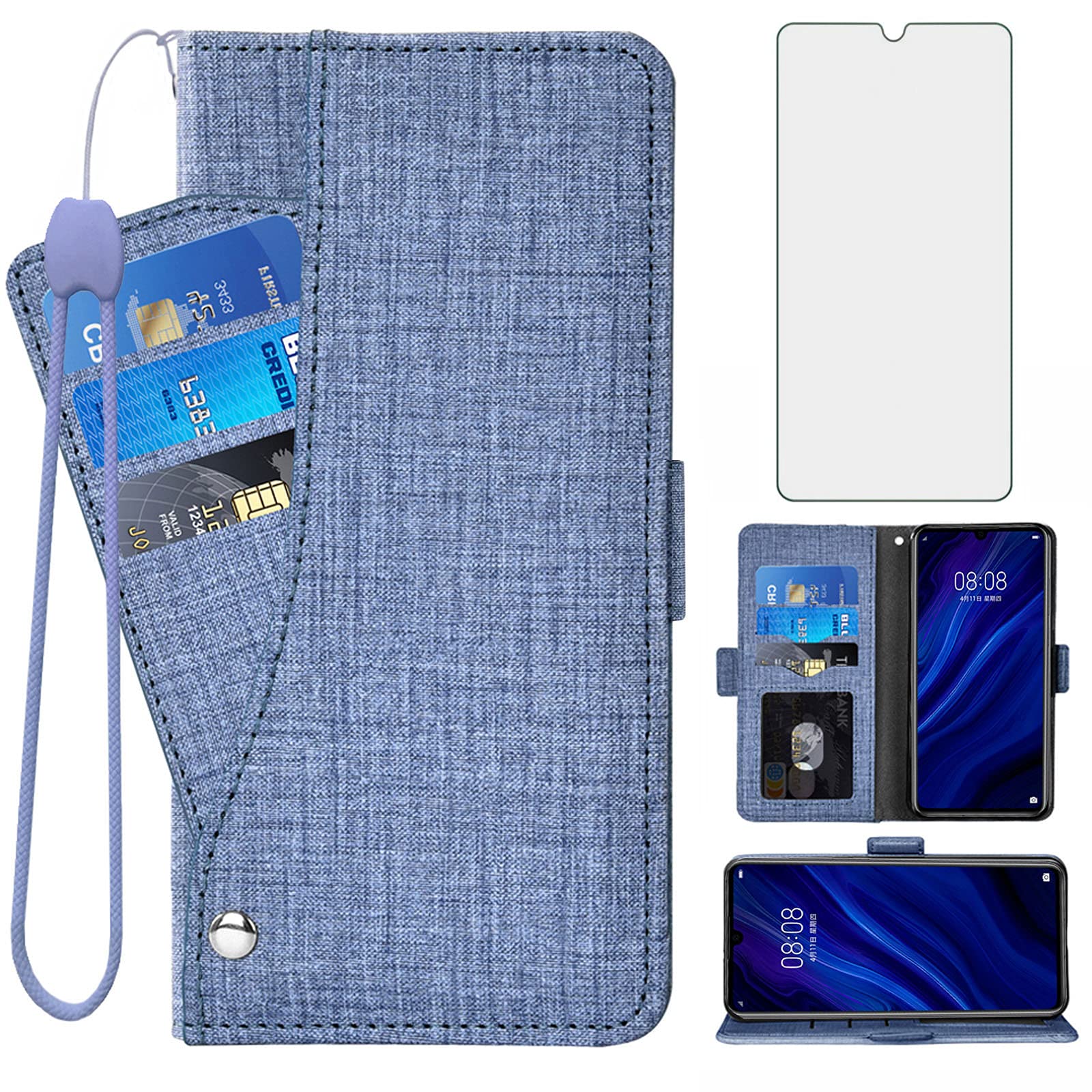 Asuwish Compatible with Huawei P30 Wallet Case Tempered Glass Screen Protector and Leather Magnetic Flip Cover Card Holder Stand Cell Accessories Phone Cases for Hawaii P 30 ELE-L29 Women Men Blue — image 1