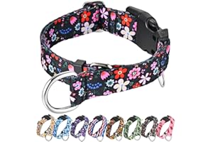 Fidohug Martingale Dog Collar with Buckle Adjustable Nylon Limited Slip Training Floral Dog Collars (Black Pink Red, Large)