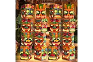 CHICERA 16 Pcs Tiki Totem Box Decor with Light,Hawaiian Tiki Bar Decorations,Tropical Decor,Polynesian Tiki Totem Lighted Gift Boxes for Tiki Party Decorations(16 Pcs)