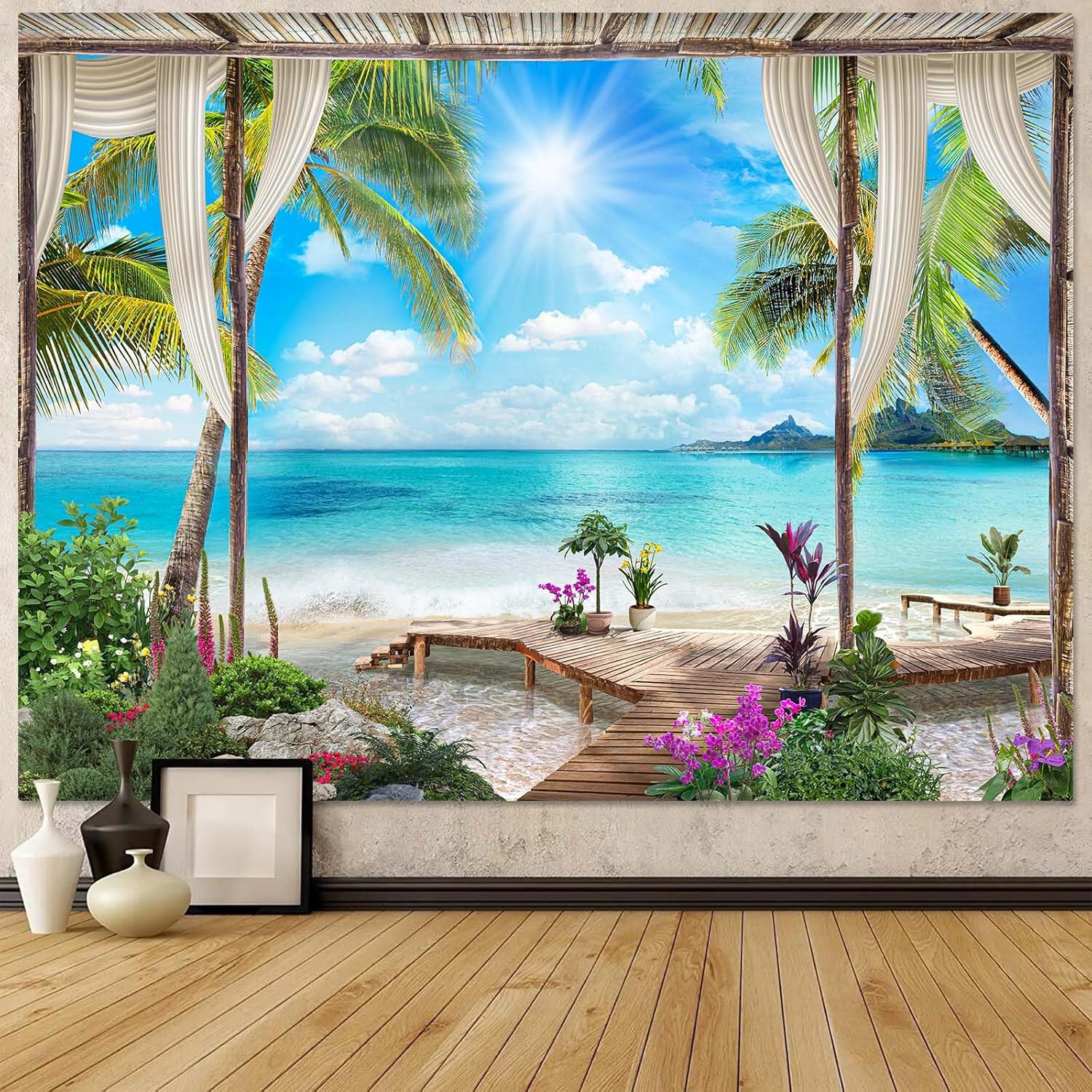 Tapestries - Leeisysme Beach Landscape Tapestry, Tropic Ocean Sea Island Palm Tree Seaside Tapestries for Living Room Summer Window Wall Hanging 60×80 Inch