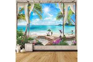 Leeisysme Beach Landscape Tapestry, Tropic Ocean Sea Island Palm Tree Seaside Tapestries for Living Room Summer Window Wall Hanging 60×80 Inch