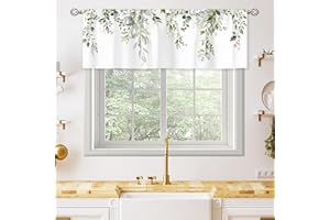 oolygoo Sage Green Eucalyptus Leavses Valances Kitchen Curtains Watercolor Floral Flower Plants Botanical Farmhouse for Women Ptetty Bedroom Living Room Treatment Tier Fabric 1 Panel 52Wx18H Inch