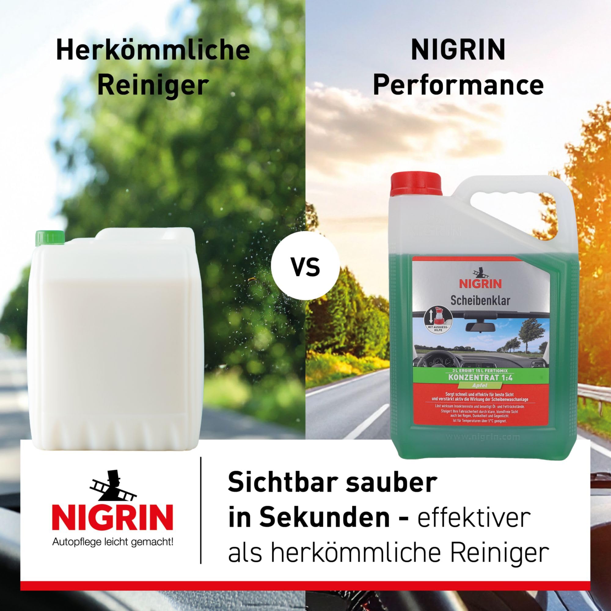 NIGRIN Scheibenklar Konzentrat 1:4 Apfel | 3 Liter | Reinigungszusatz für Autoscheiben und Scheinwerfer | integrierte Ausgießhilfe | entfernt Insekten, Fett | schlierenfrei | sehr ergiebig | ab 5°C 2