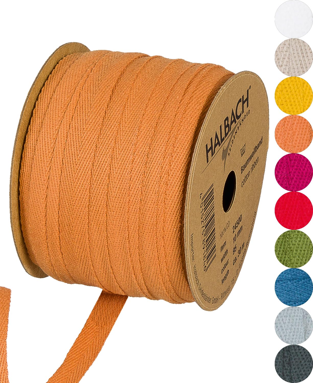 Halbach Seidenbänder Cotton Ribbon 10 mm x 30 m, Ribbons for Crafts Sold by the Metre, Fabric Ribbon for Decorations, Woven Ribbon 100% Cotton DIY Crafts, Bias Tape Sewing Craft, Colour: Ochre Yellow,