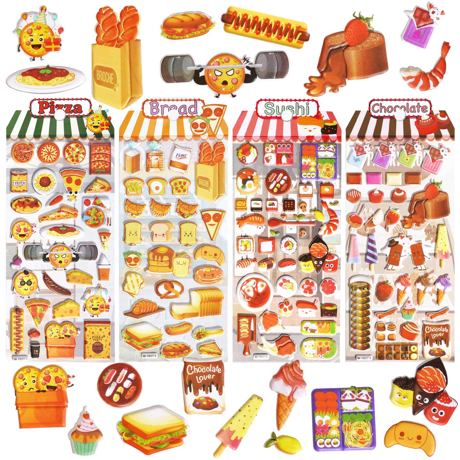 3D Puffy Food Stickers for Kids,Cute Food Sticker with Bread Pizza Sushi and Chocolate Stickers, Small Mini Foods Theme for Scrapbooking,Crafts,4 Pack.
